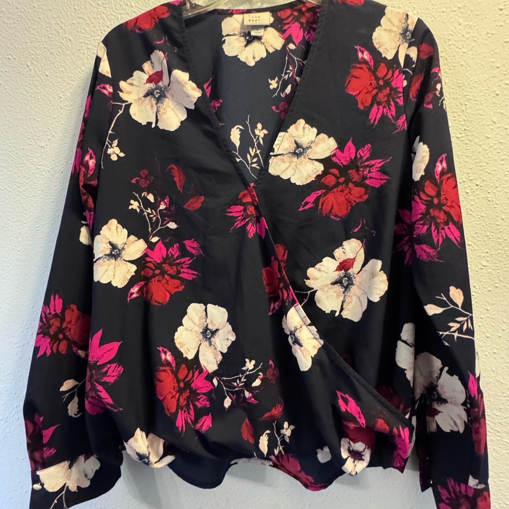 a new day Black Floral Wrap Blouse with Pink and Cream Blossoms